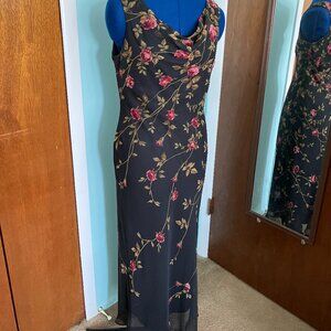 Black Dress with Rose Colored Flowers, Embellished with Beads, Size 6P